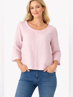 100% Linen Pale Pink 3/4 Sleeve Crewneck Top